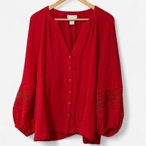 Calypso St. Barth Red Button-Front Peasant Blouse w/ Crochet Sleeve Size 2X